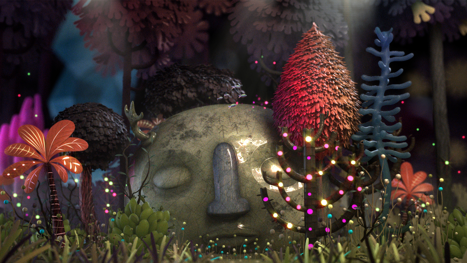 Render of still from The glorious remains of Banapal The Third animation, showing pot head surrounded by foliage under the sea